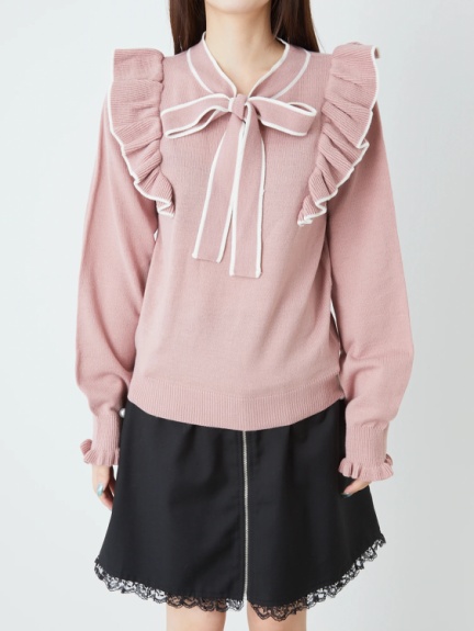 配色リボンフリルニット 配色リボンフリルニット