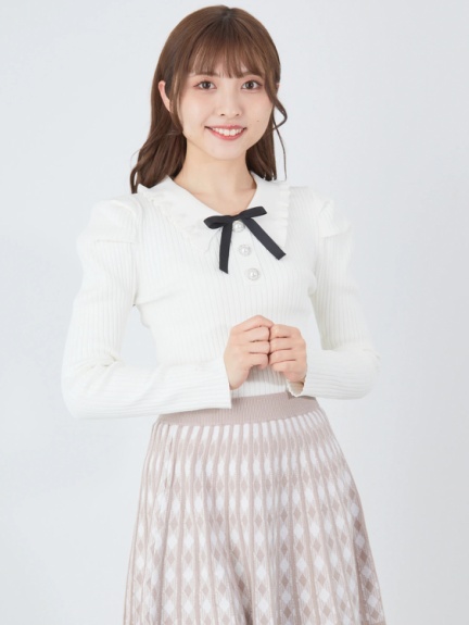 フロントビジューパワショルリブニット