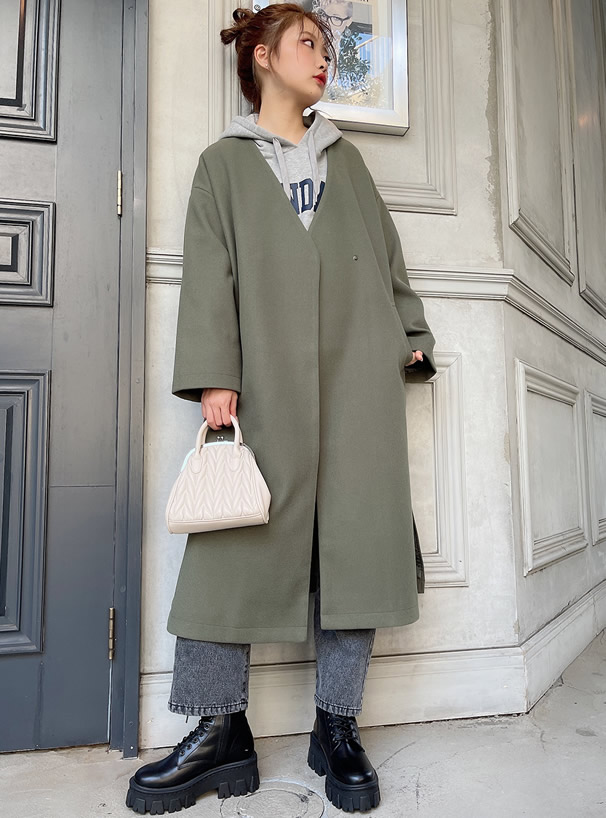 Vネックサイドスリットモッサニットロングコート[fo1387]