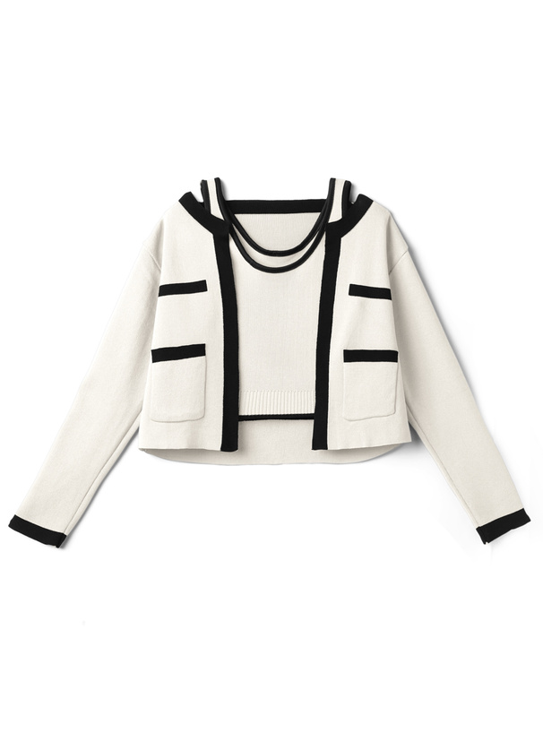 配色ショート丈カーディガンXタンクトップニットアンサンブル[ac2074]