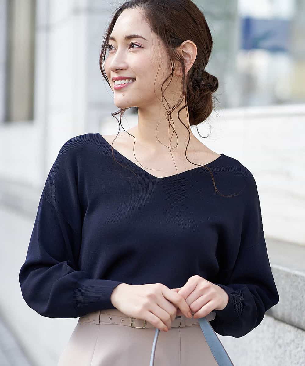 【洗える】Vネックドロップショルダーニット