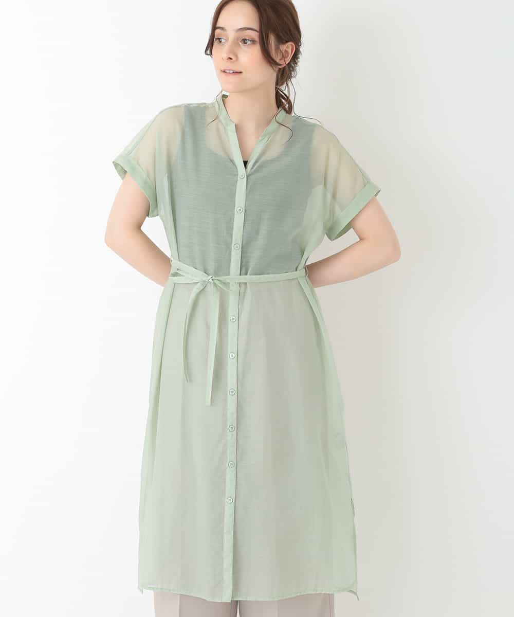 【洗濯機で洗える】バンドカラーシアーシャツワンピース