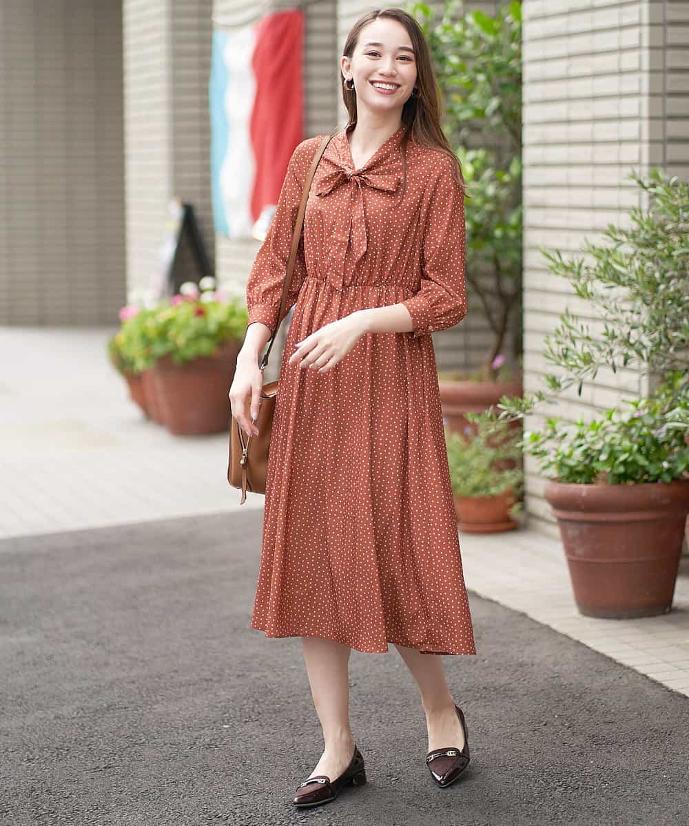 【洗える】プリントボウタイワンピース 【洗える】プリントボウタイワンピース