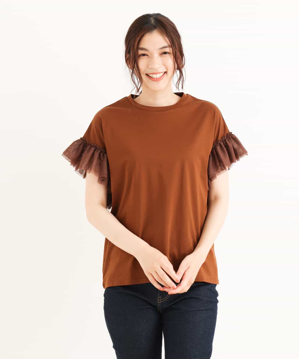 【ひんやりタッチ】チュールフリルTシャツ 【ひんやりタッチ】チュールフリルTシャツ