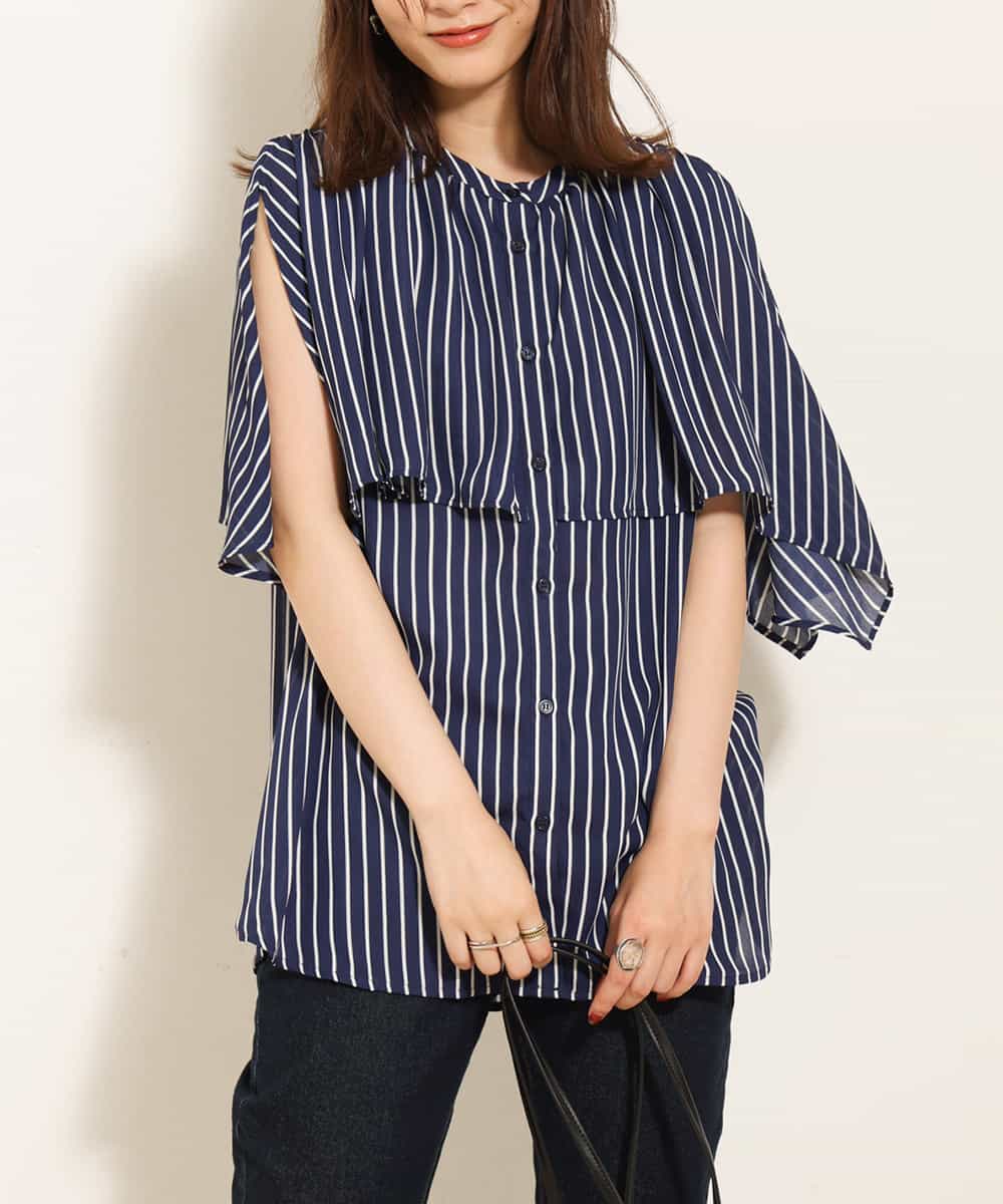 ストライププリントケープブラウス