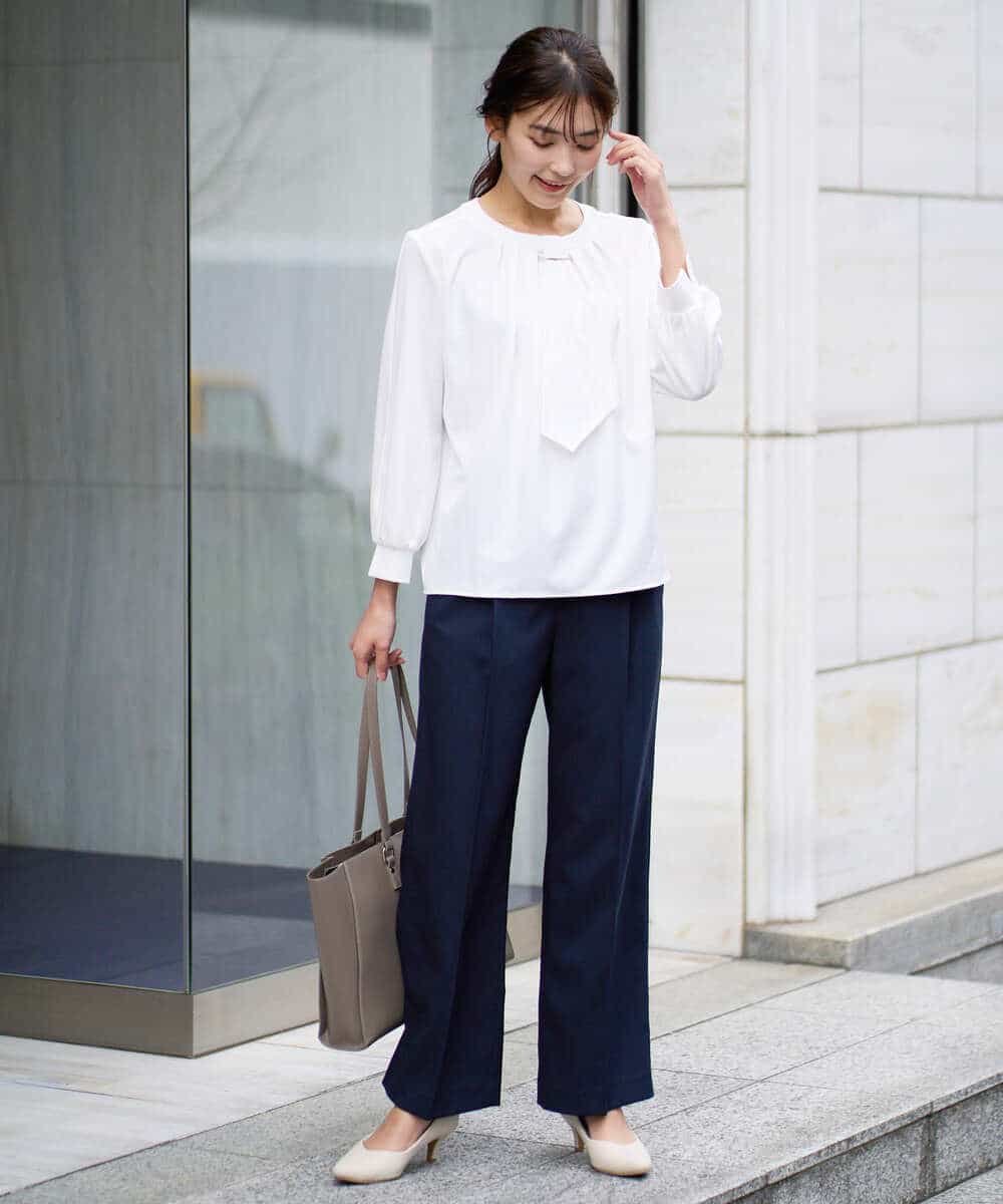 【洗える/ストレッチ/UVカット】麻調ストレッチストレートワイドパンツ