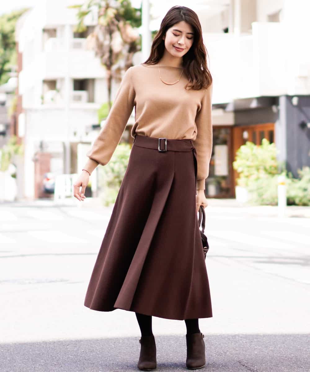 【InRed11月号掲載商品】【WEB限定/セットアップアイテム】ベルテットニットフレアスカート