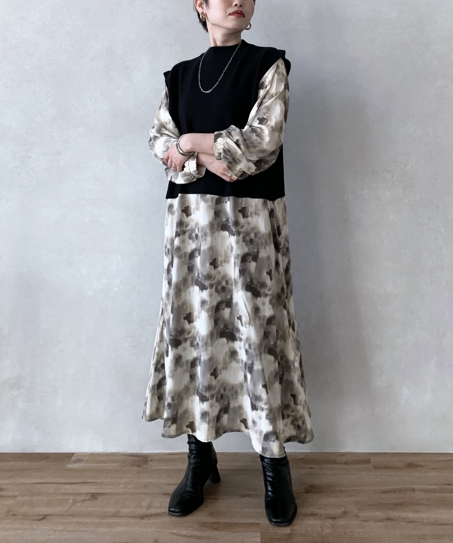 ボカシ柄ベストドッキングワンピース