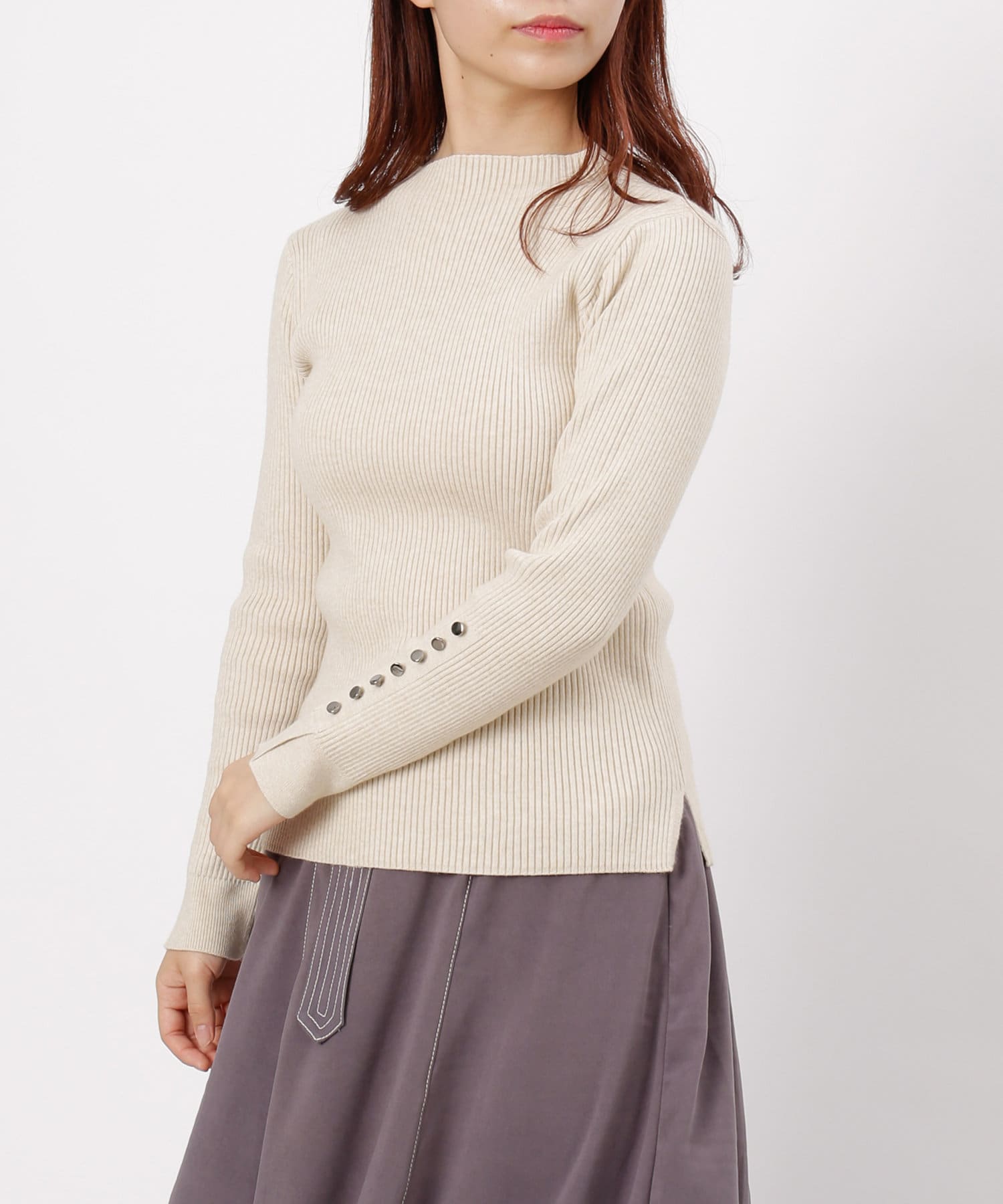 袖ボタンリブニットプルオーバー