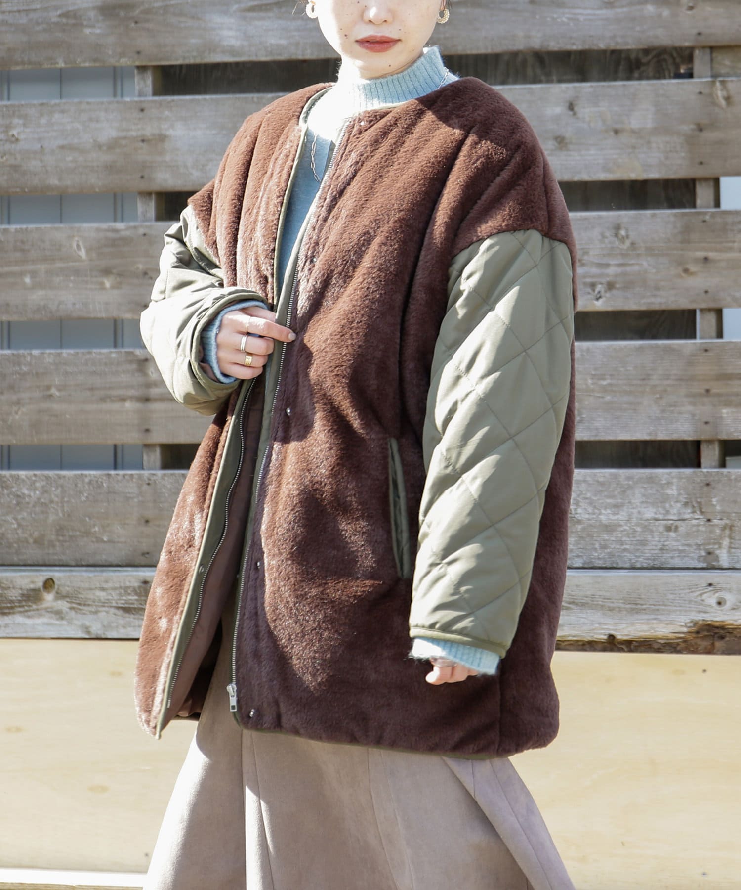 ファードッキング中綿キルトコート