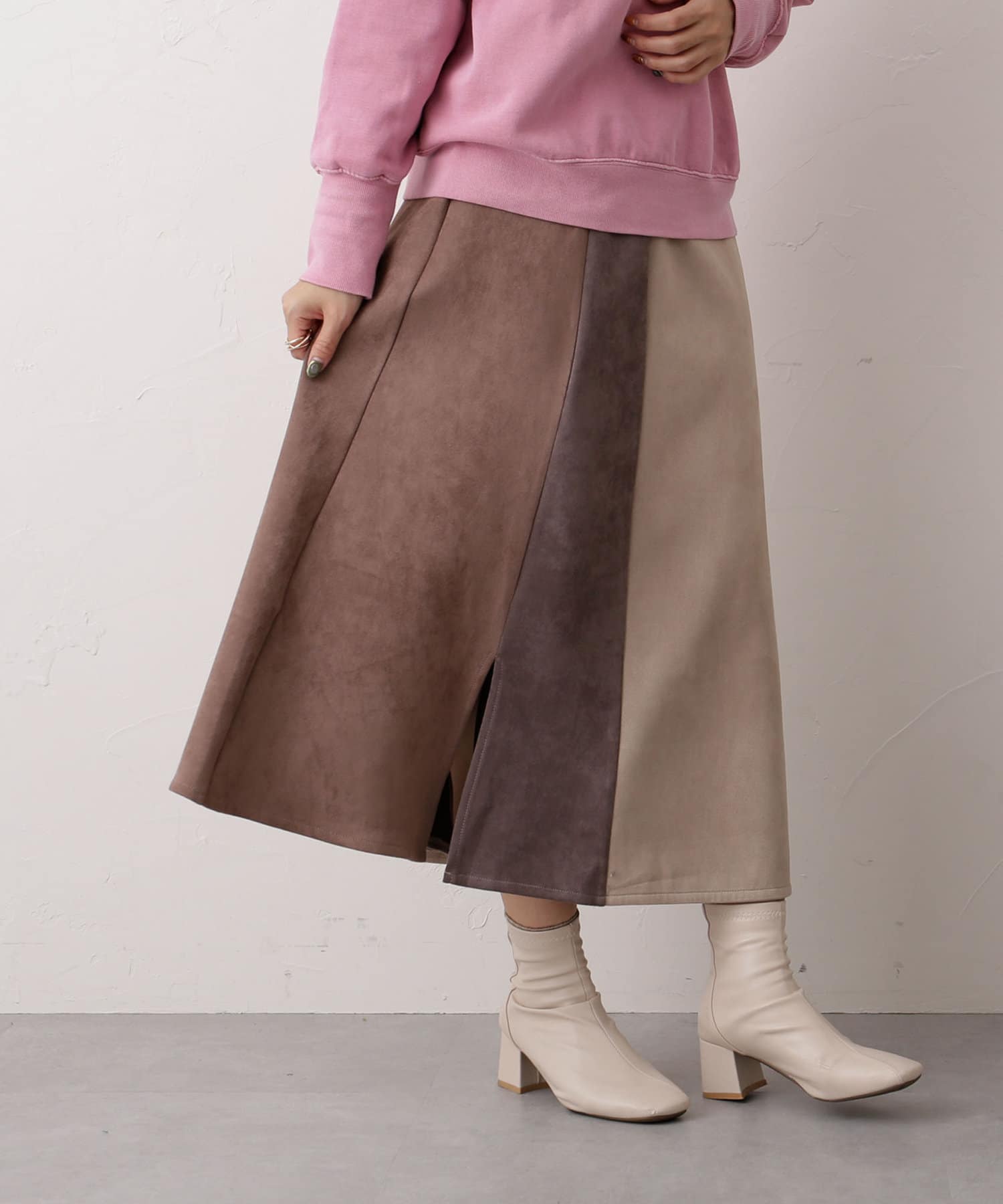 フェイクスエード配色アシメスリットスカート