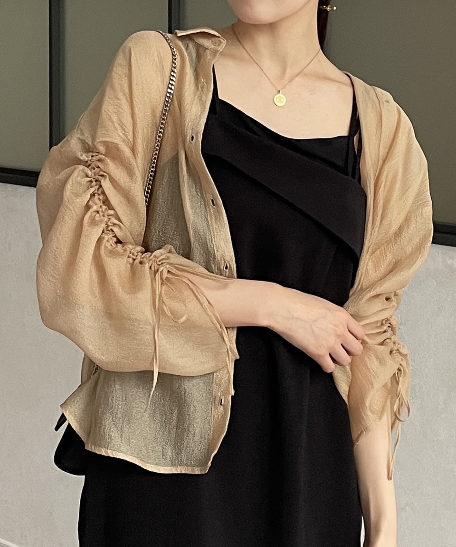 ラメワッシャー袖シャーリングシアーシャツ ラメワッシャー袖シャーリングシアーシャツ
