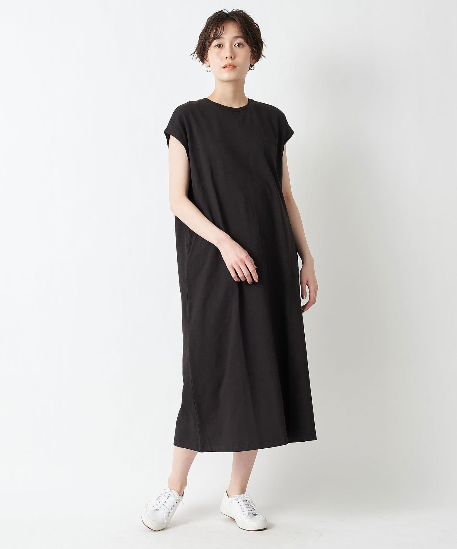 《予約》【《身長別で選べる》洗える】汗染み防止フレンチスリーブロングワンピース 《予約》【《身長別で選べる》洗える】汗染み防止フレンチスリーブロングワンピース
