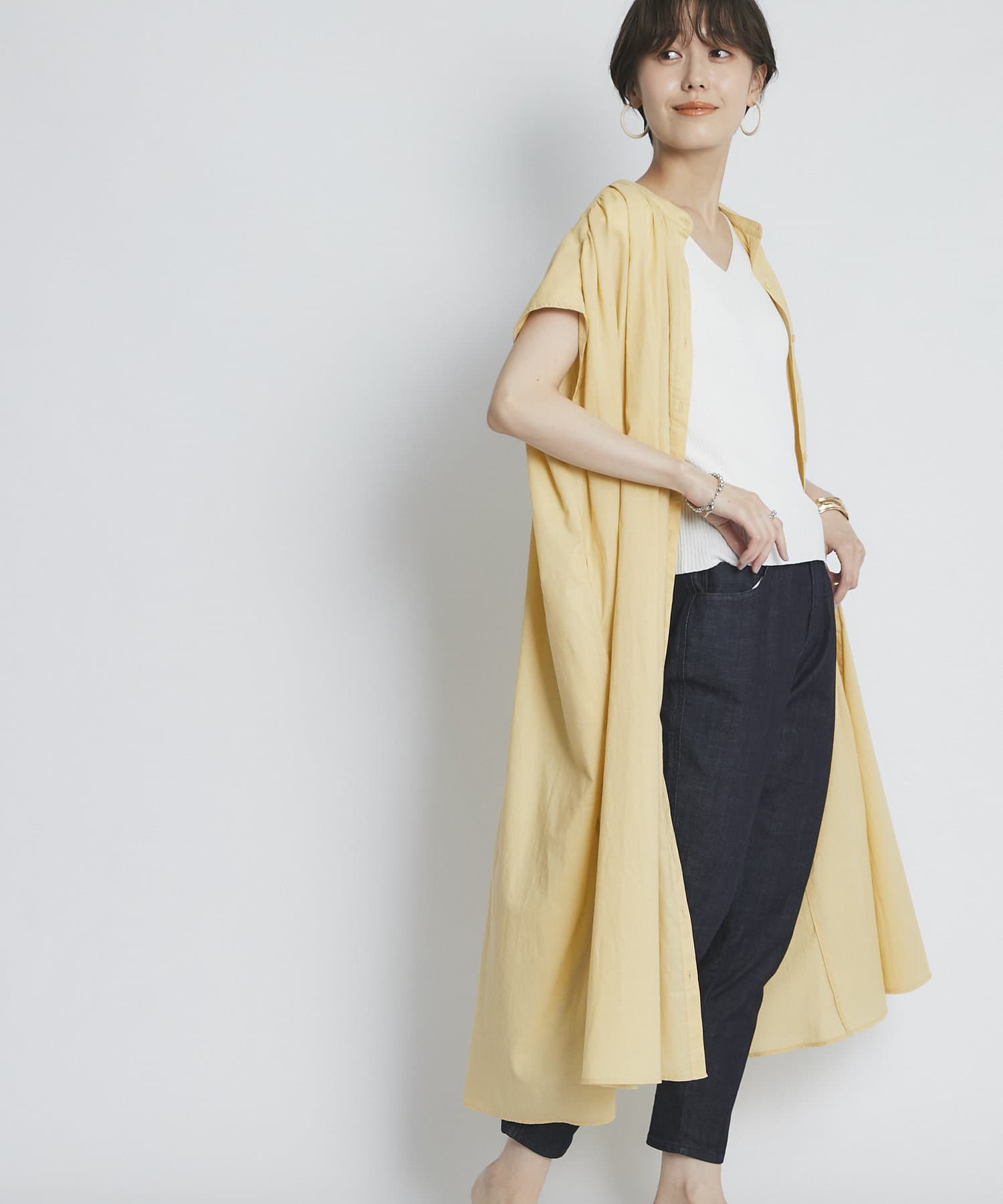 【女性らしいシルエット】コットンボイルフレンチスリーブギャザーワンピース