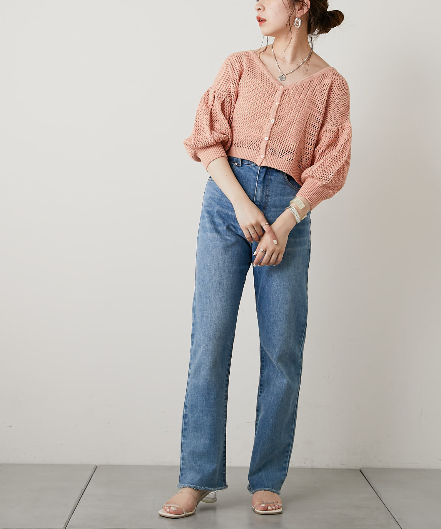 【新色追加】2wayボリューム袖メッシュカーディガン