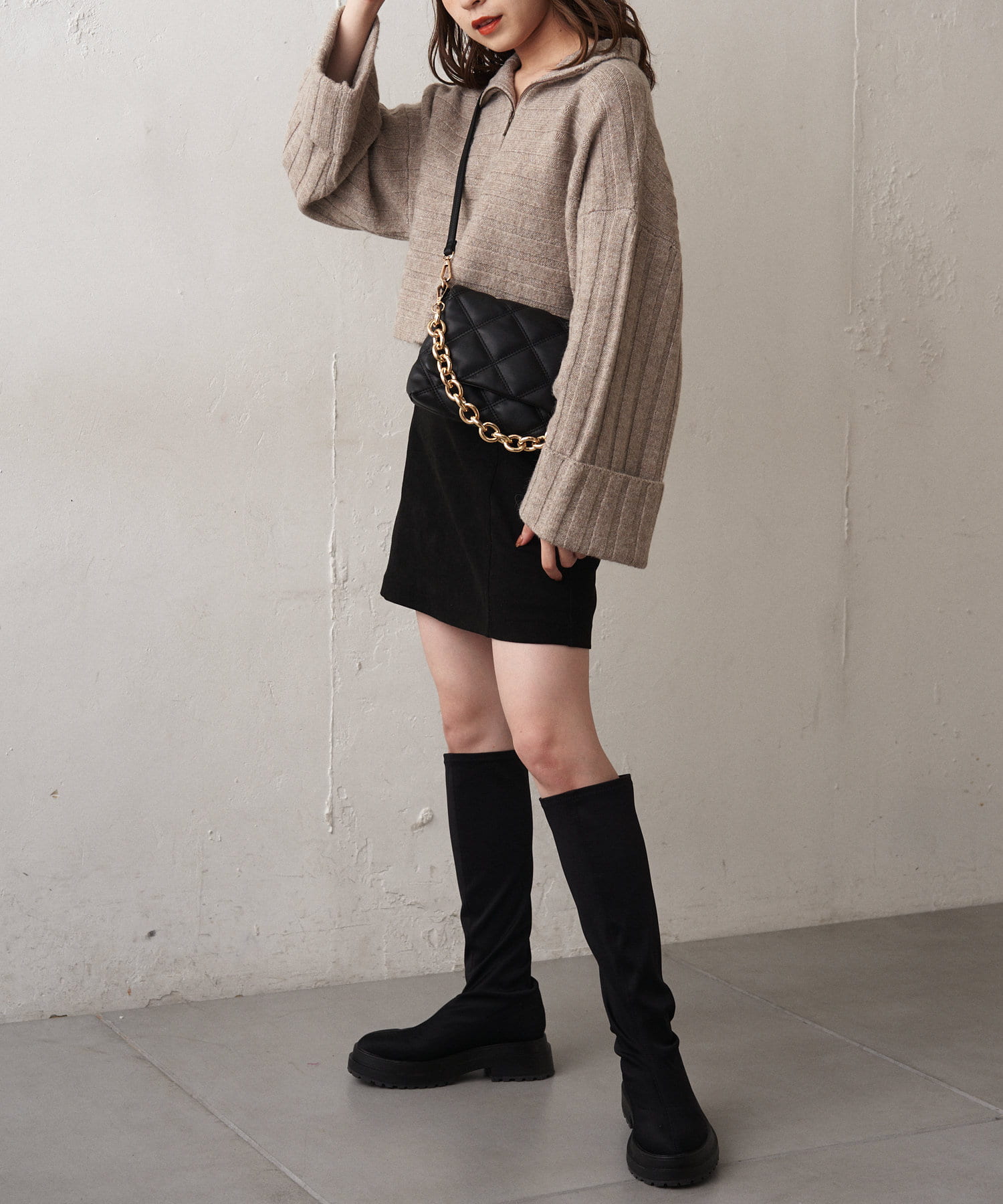 【SET UP対応】ハーフZIPワイドリブショート丈ニット