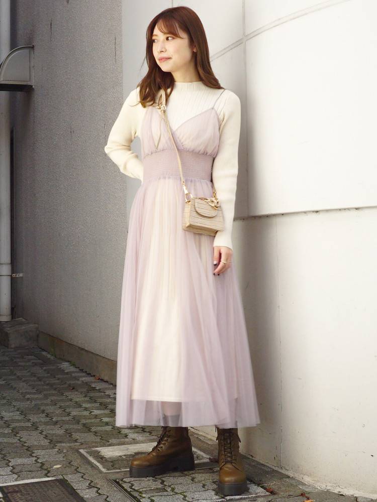 チュールキャミセットロングスリーブニットワンピース