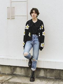 フラワージャカードワイドニットカーデ