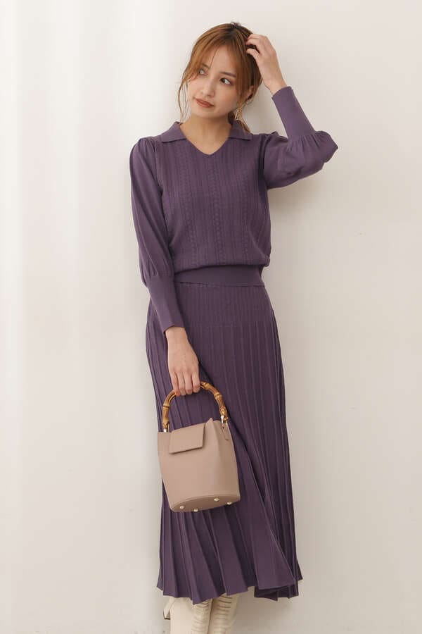 《EDIT COLOGNE》衿付クロシェポロニット×プリーツスカートセットアップ