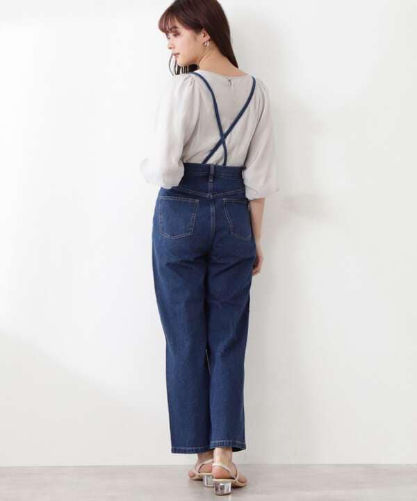 サスペンダー付デニムワイドパンツ