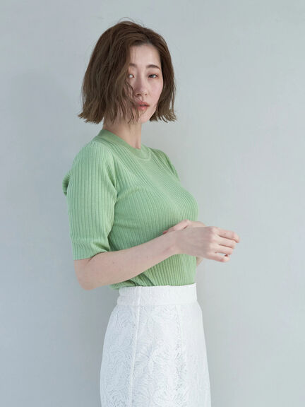 ラメ混5分袖リブニット