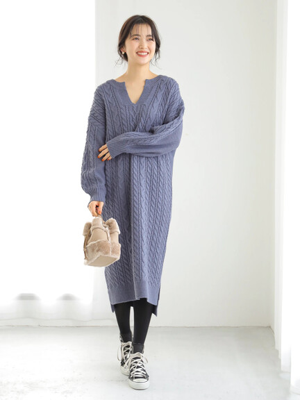 【Special Price】ケーブルヘンリーネックニットワンピース