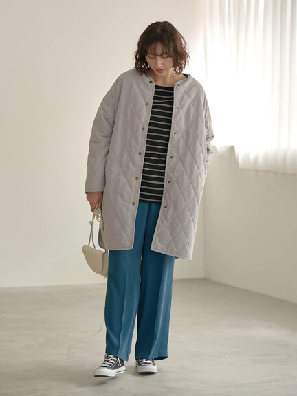 【予約】キルティング&ボアリバーシブルノーカラーコート
