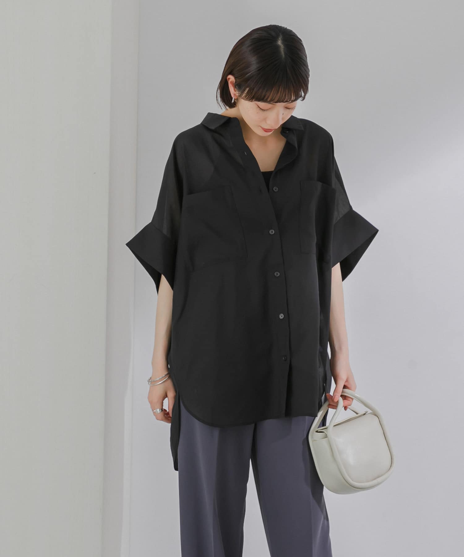 デザインスリーブシアーシャツ