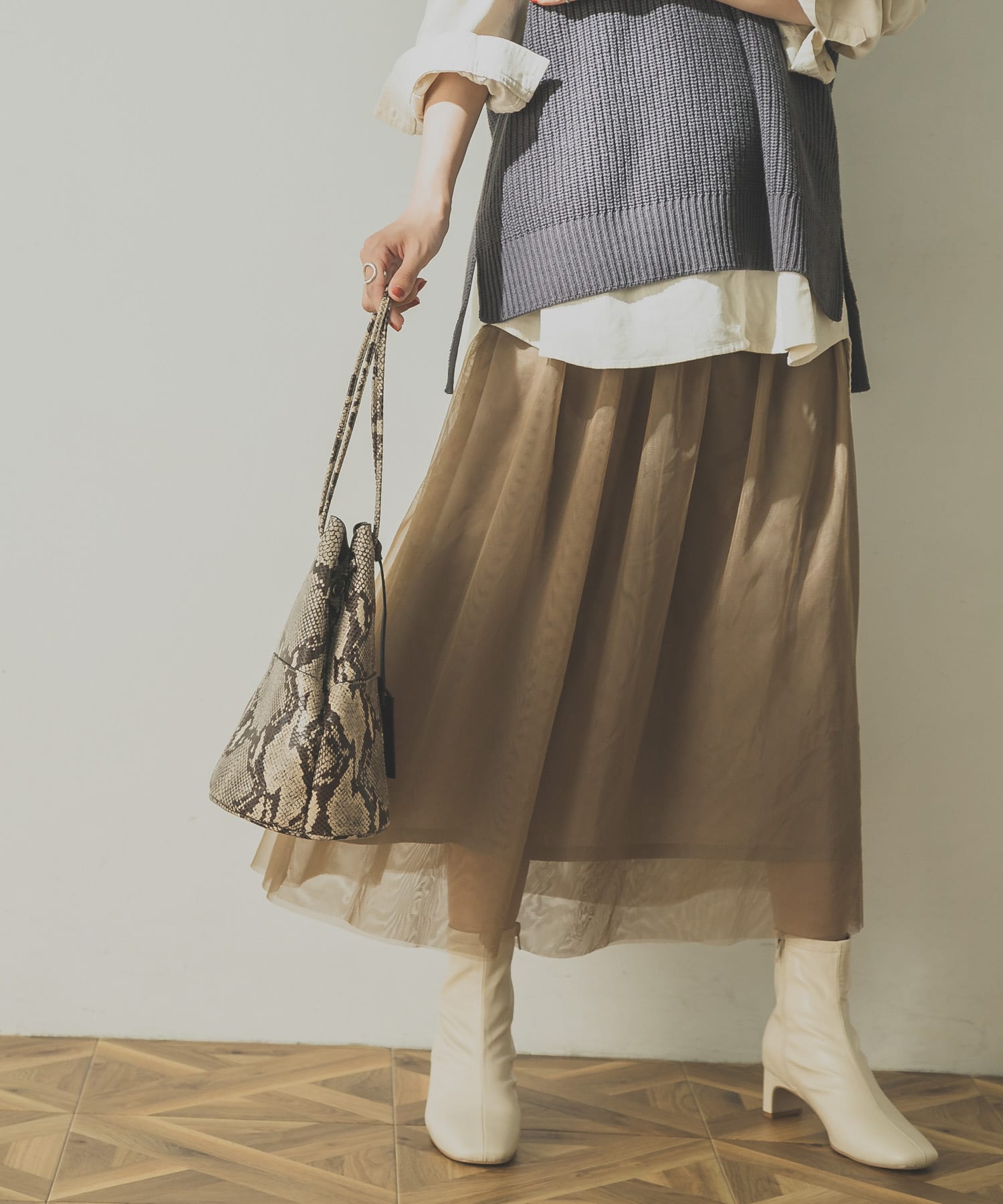 リブニットプルオーバー×チュールスカートセット