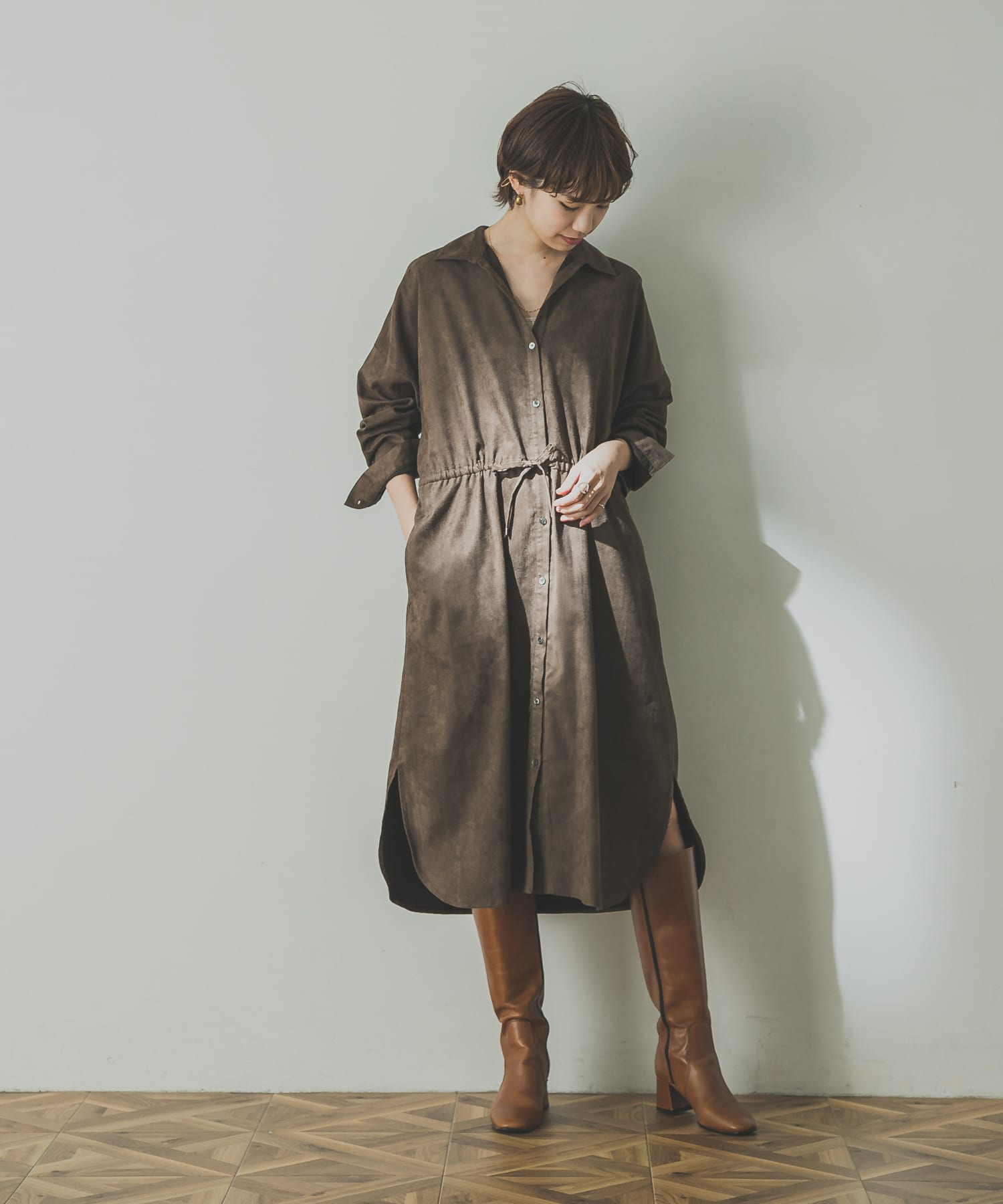 フェイクスウェードシャツワンピース フェイクスウェードシャツワンピース