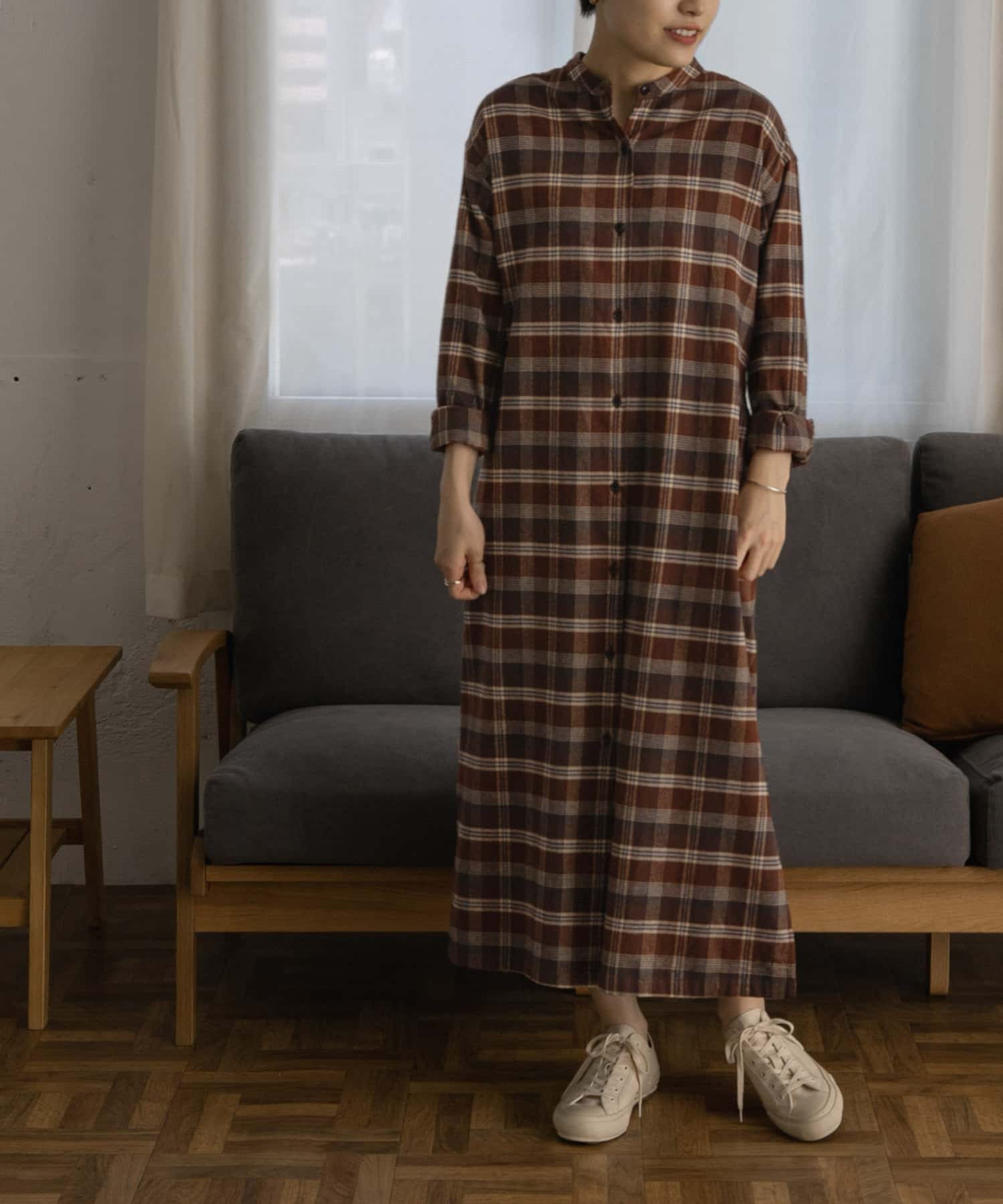 FORK&SPOON ネルチェックバンドカラーシャツワンピース FORK&SPOON ネルチェックバンドカラーシャツワンピース