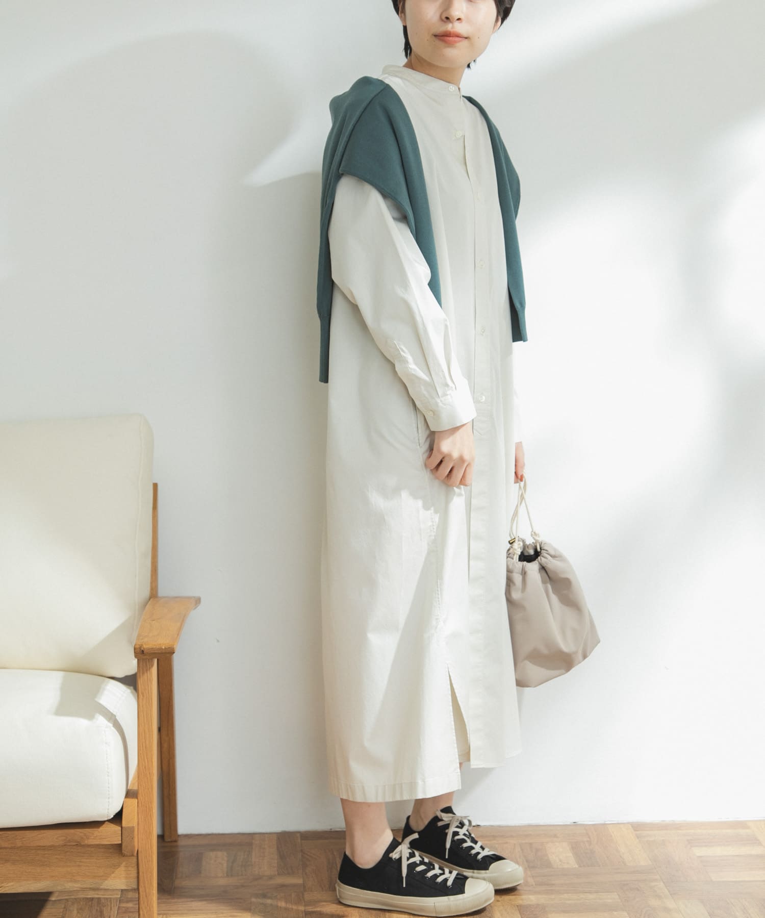 FORK&SPOON　バンドカラーオーバーシャツワンピース