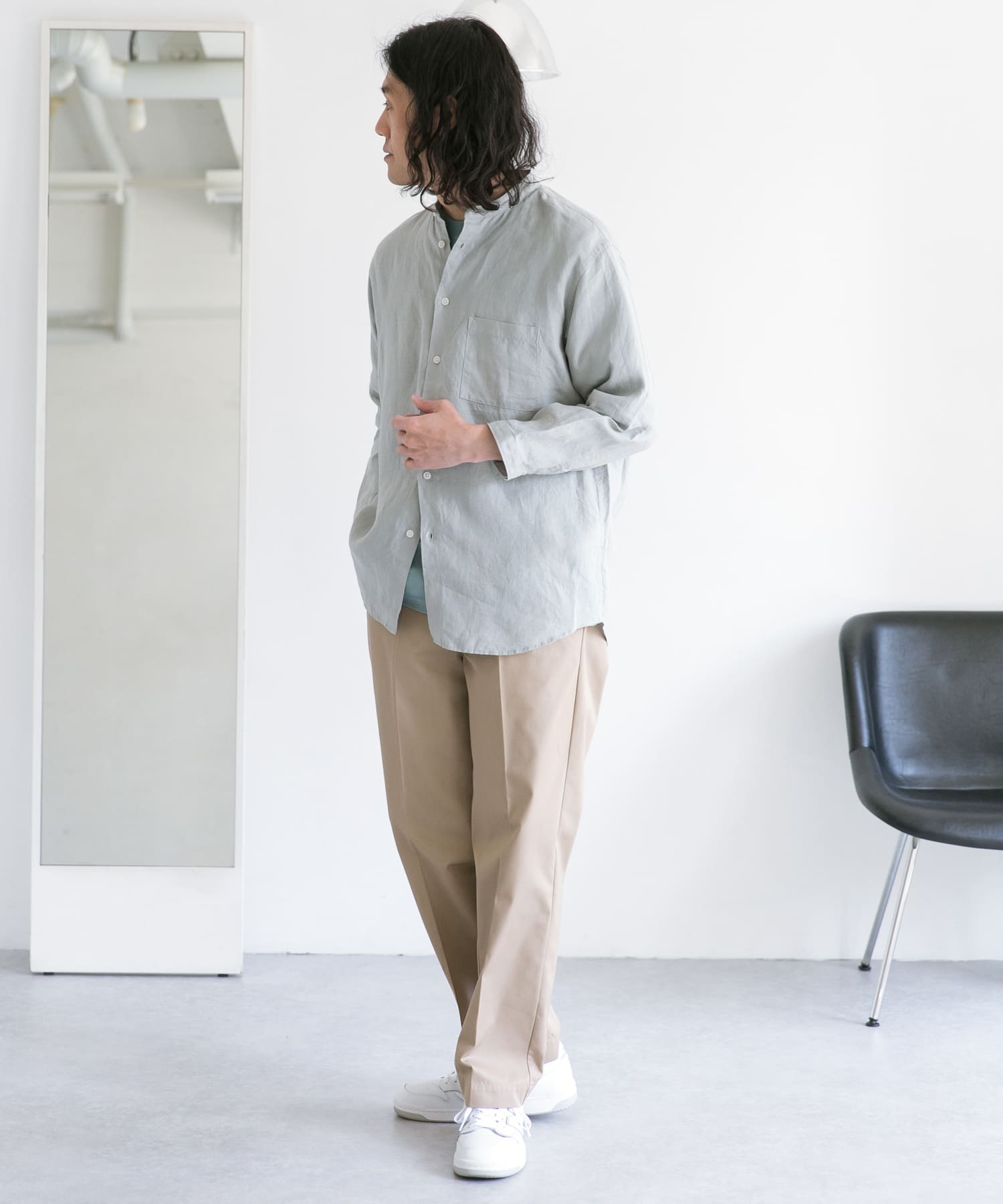 【一部WEB限定カラー】リネンバンドカラー8分袖シャツ