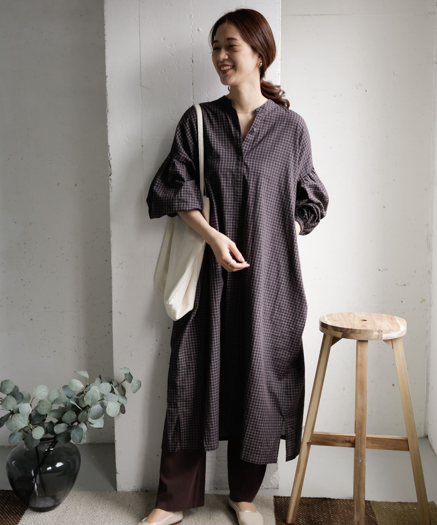 チェックギャザースリーブワンピース