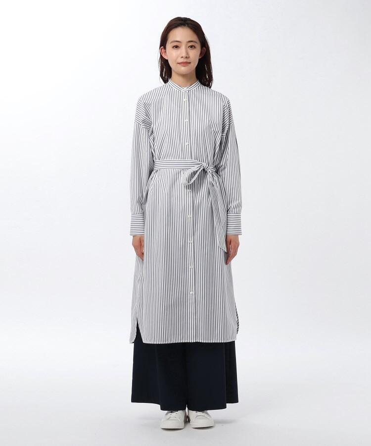 ストライプ柄バンドカラーシャツワンピース