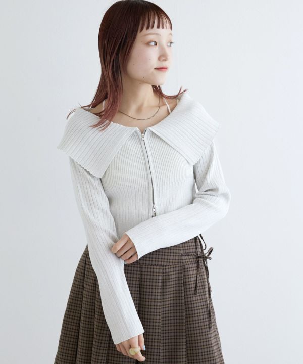 ラメ混リブ編オフショルカーデ