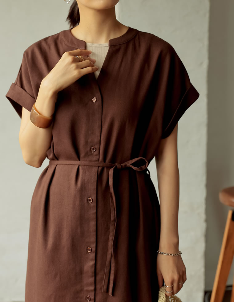 [低身長サイズ有]3WAYリネンブレンドキーネックシャツワンピース[お急ぎ便対応]