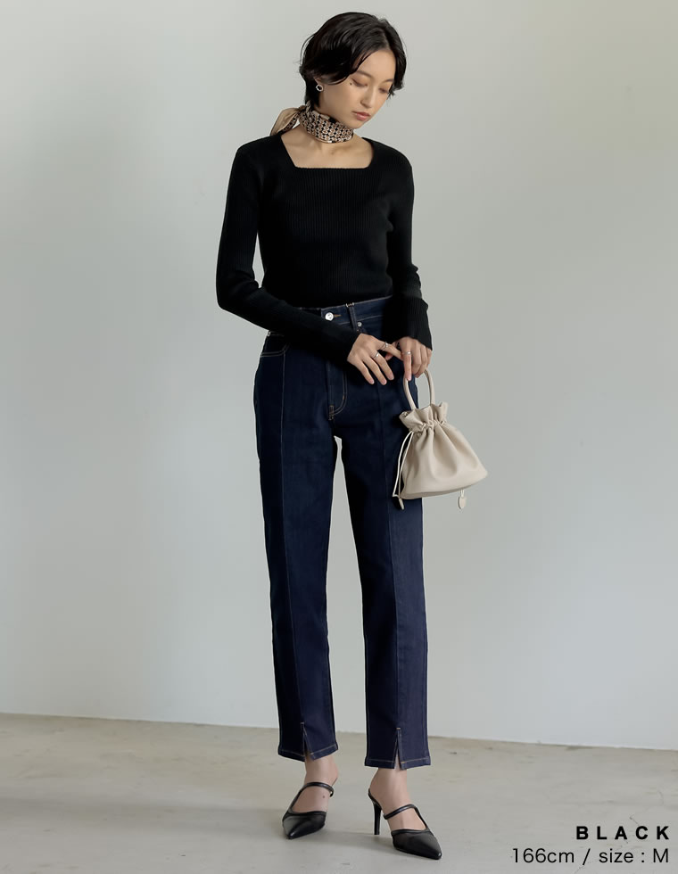 【9/6～再販】[保湿][静電気防止]スクエアネックリブニットトップス[メール便対応][代引不可][入荷済]