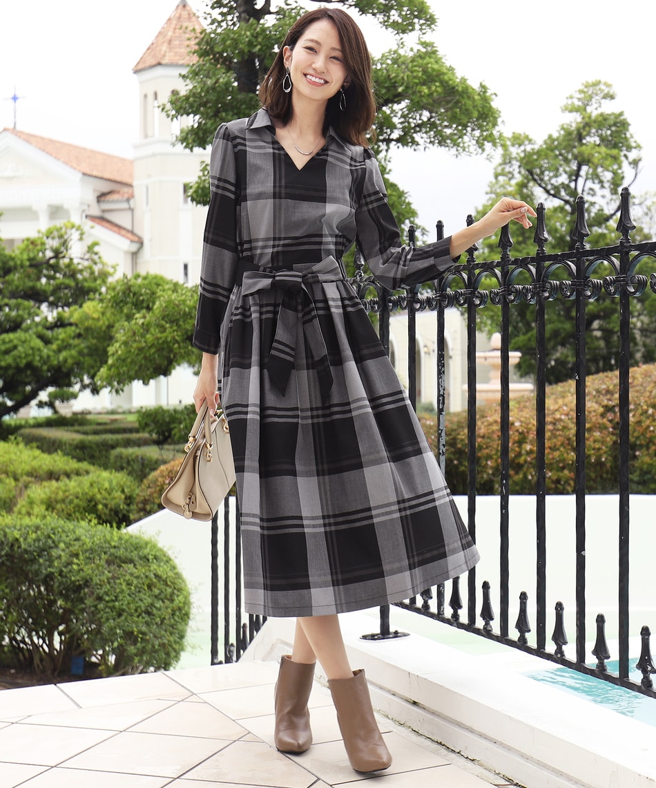【洗える】小顔効果も期待できる、チェック柄シャツワンピース