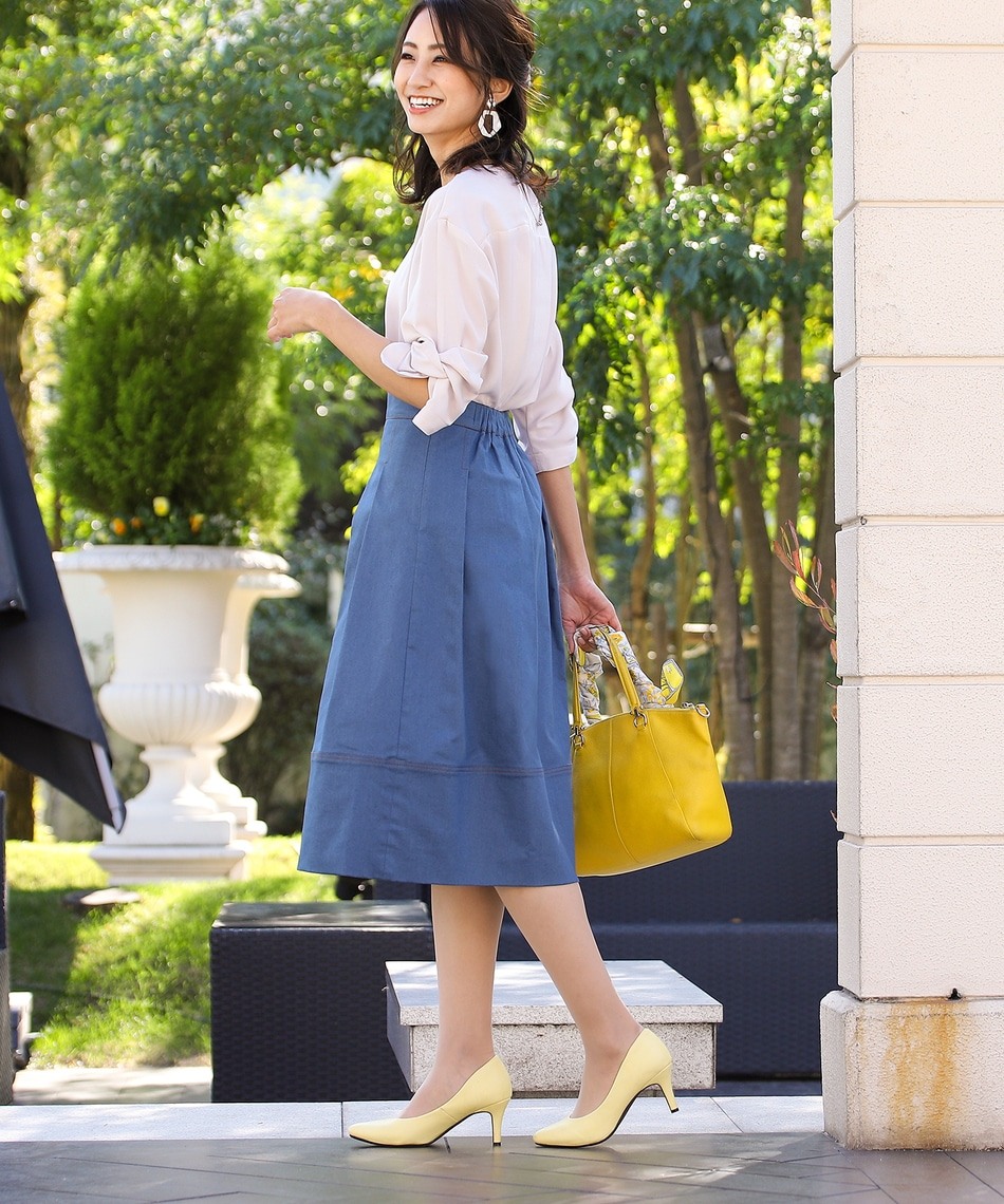 【洗える】大人可愛いデニムステッチタックスカート 【洗える】大人可愛いデニムステッチタックスカート