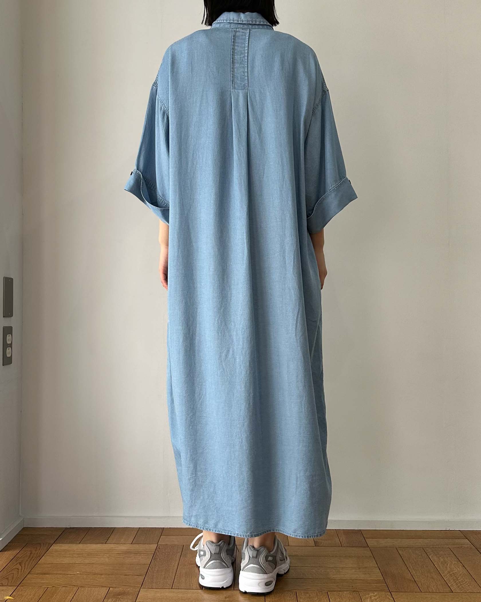 ソフトデニム５分袖スキッパーシャツワンピース