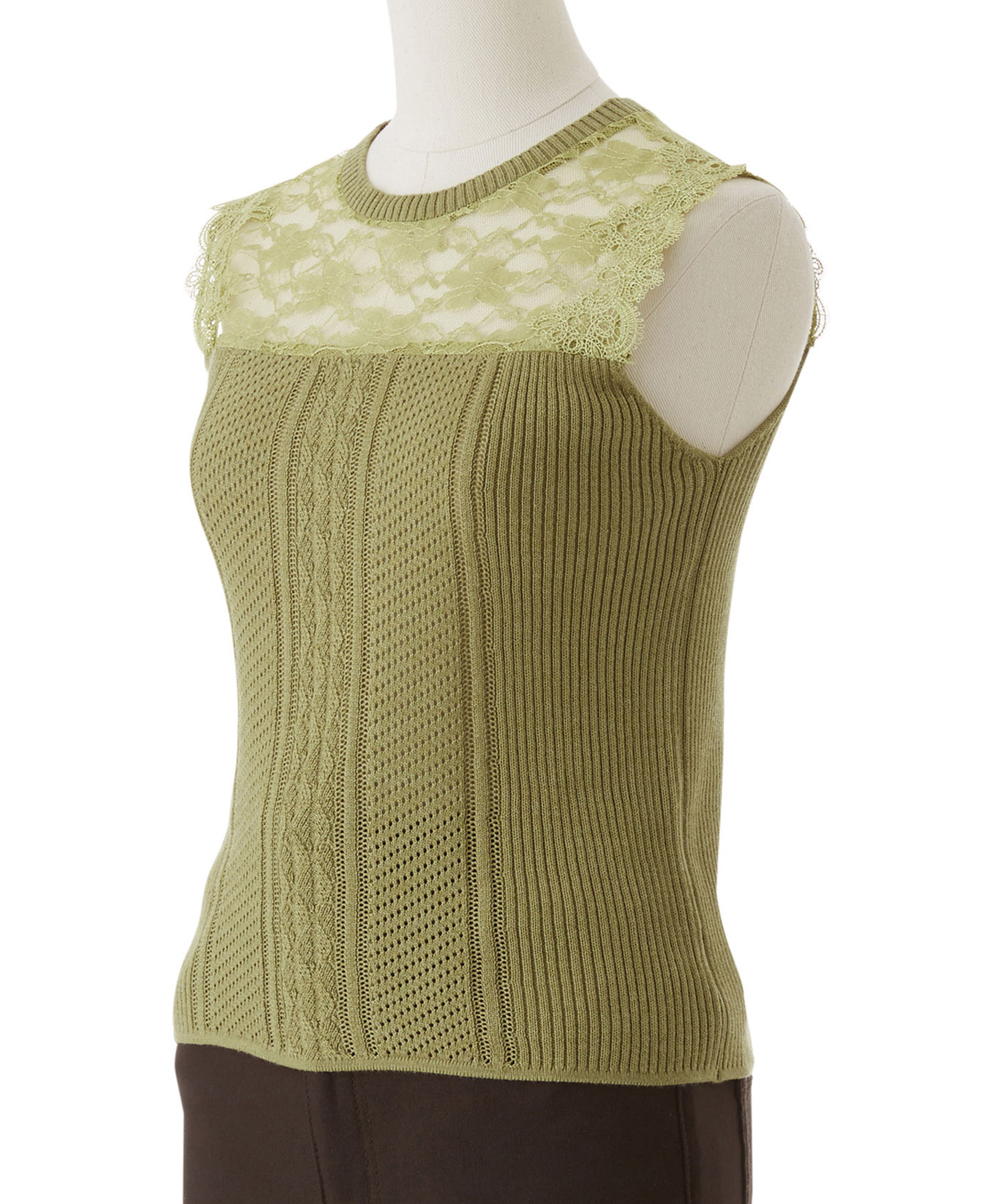 レース切替柄編みノースリーブニット