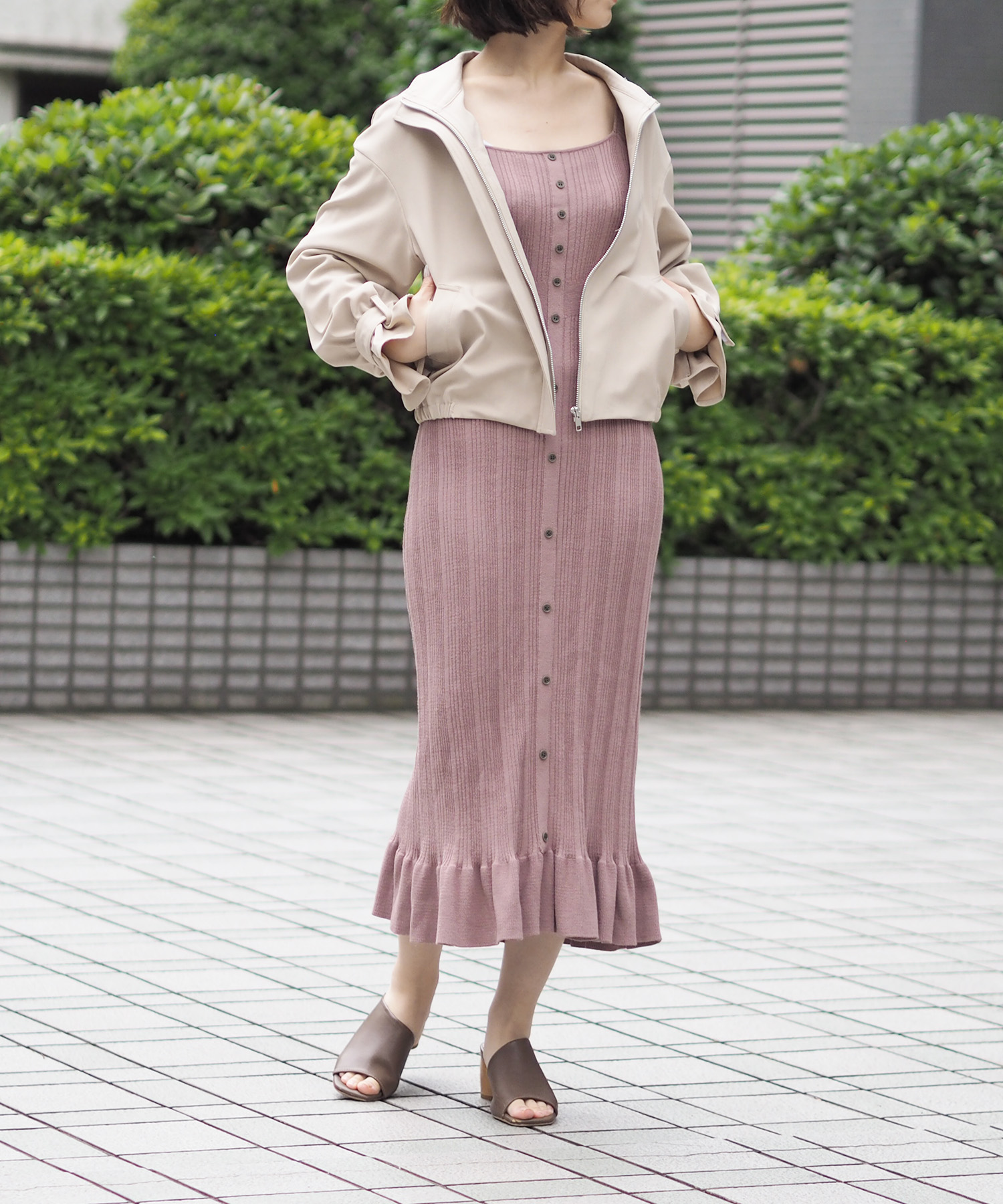 ボリュームスリーブリブニットワンピース