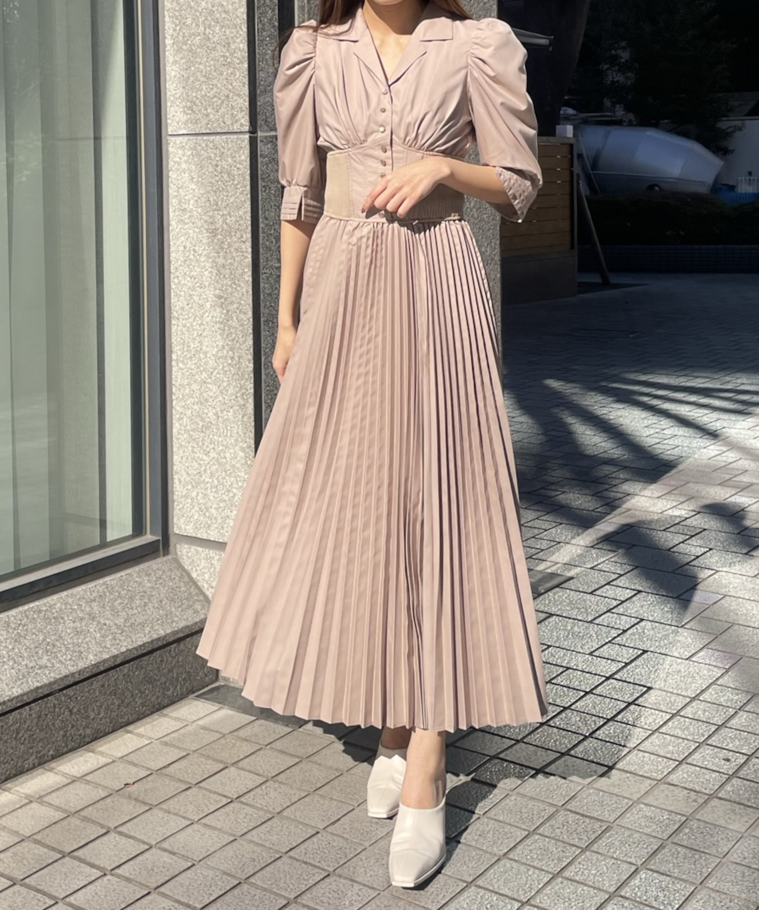 パフスリーブリブコルセットシャツワンピース パフスリーブリブコルセットシャツワンピース