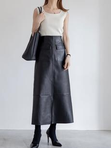 【NEW】double pocket leather skirt / black