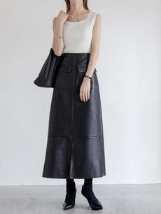 【NEW】double pocket leather skirt / black