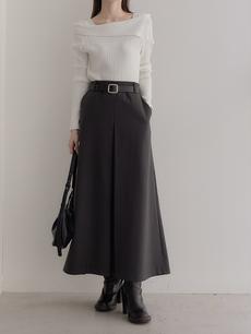 【NEW】 belt set inverted pleats skirt / charcoal