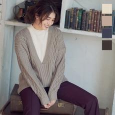 ≪トップス全品送料無料！12/14(月)朝11:59まで≫インドネシア深Vネックケーブルニット [C4783]
