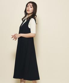 【洗える/5分袖ニット+ジャンスカのセット】Vネックとシルエットが大人っぽいジャンパースカート 【洗える/5分袖ニット+ジャンスカのセット】Vネックとシルエットが大人っぽいジャンパースカート