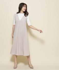 【洗える/5分袖ニット+ジャンスカのセット】Vネックとシルエットが大人っぽいジャンパースカート 【洗える/5分袖ニット+ジャンスカのセット】Vネックとシルエットが大人っぽいジャンパースカート